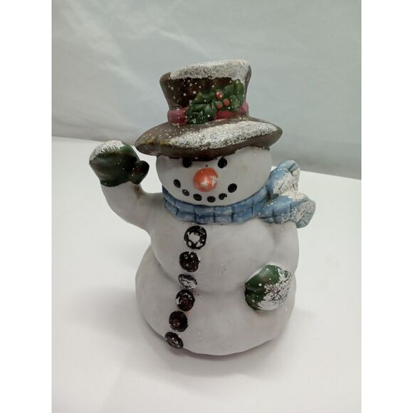 Porcelain Snowman 6x5x5" white brown blue green waving - Picture 1 of 5